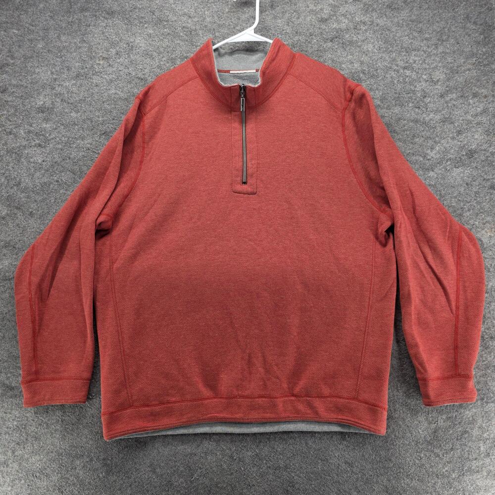Tommy Bahama Sweater Mens 2XL Red Quarter Zip Mock Neck Pullover Cotton Blend